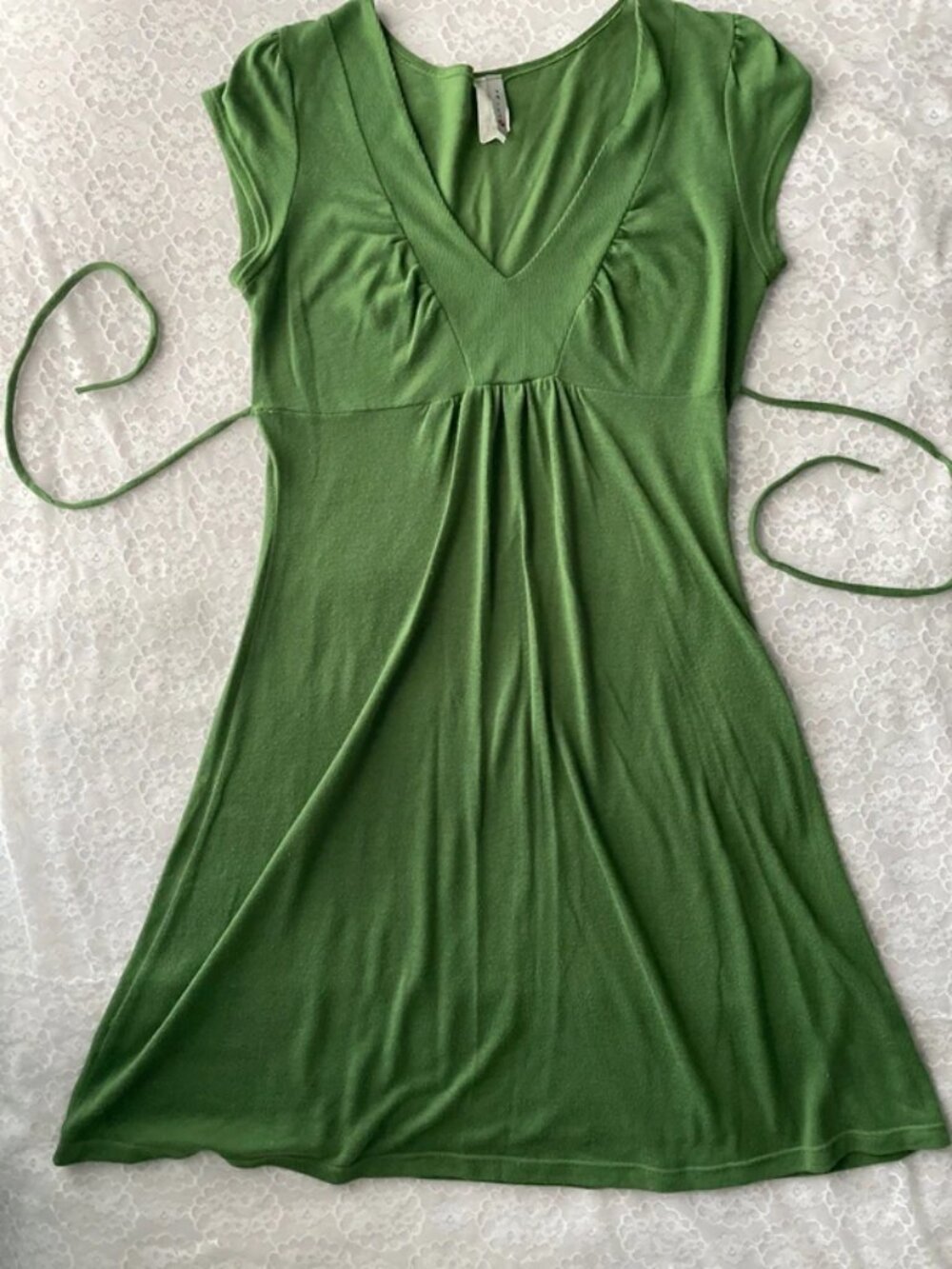 green knit waist tie dress